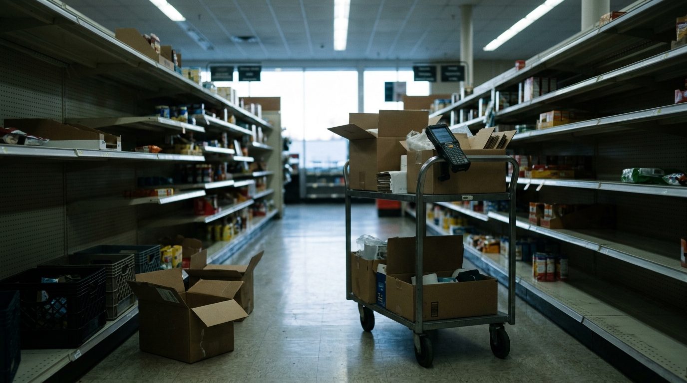 A supermarket aisle at dawn with a handheld scanner on a cart